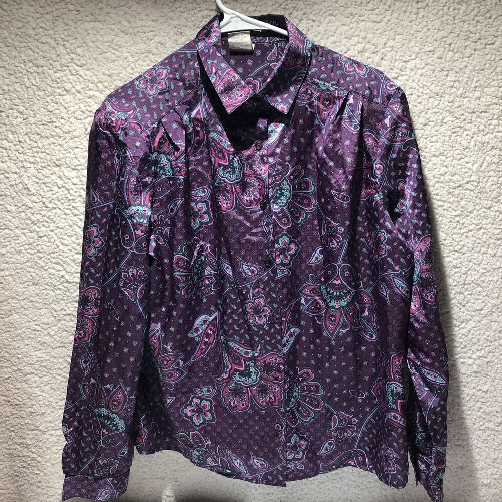 VTG 70's PYKETTES MOD Blouse Top Floral Collar Floral Vivid Purple Womens Size16